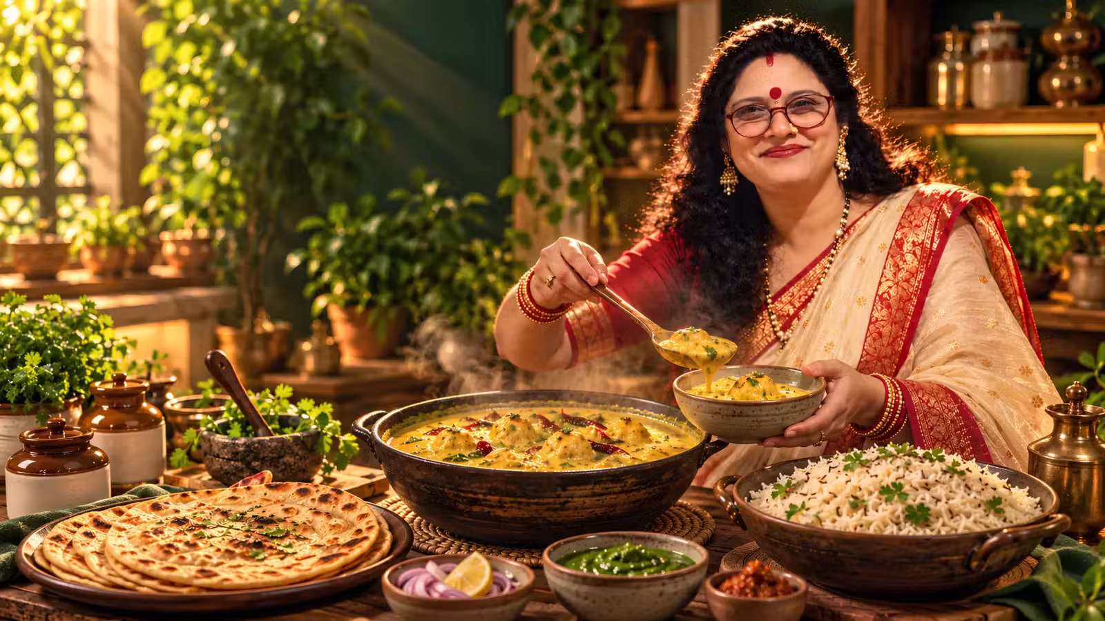 Sunita ji with homestyle pure veg dal, kadhi pakoda, butter rotis and laccha paratha